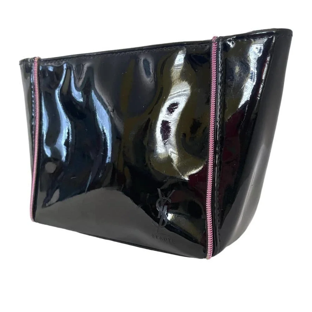 Yves Saint Laurent YSL Beauté Black Patent Faux Leather Zip Pouch Cosmetic Case